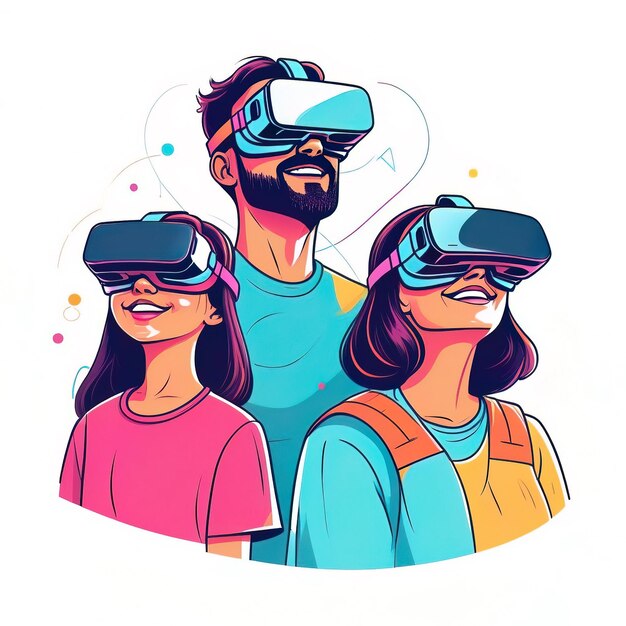 Счастливая семья, носящая очки виртуальной реальности Отец, мать и дочь в наушниках VR
