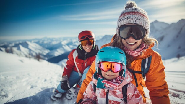 Happy family in winter clothing at the ski resort winter time watching at mountains