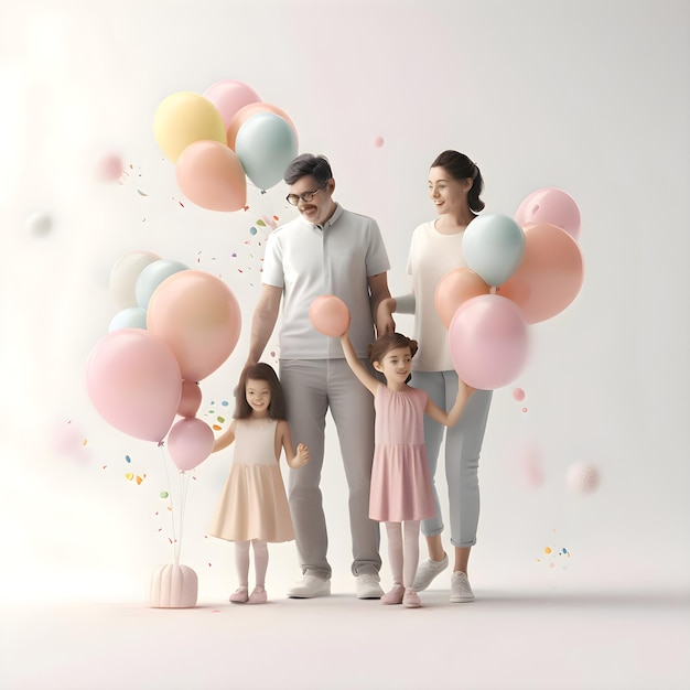 Happy family with balloons and suitcases on a background of white wall