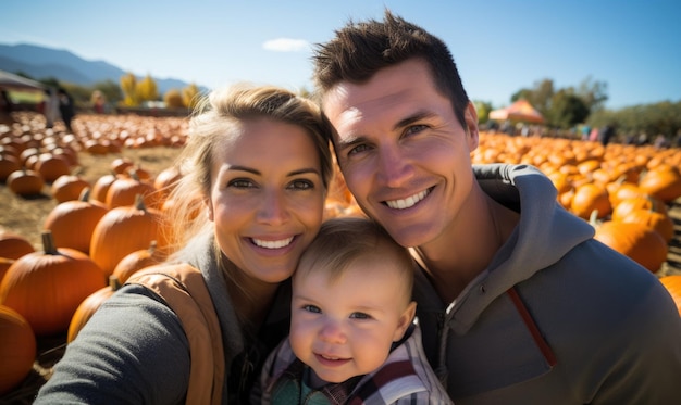 写真 ハロウィーンや感謝祭の日に親と一緒に南瓜を選ぶ笑顔の赤ちゃん