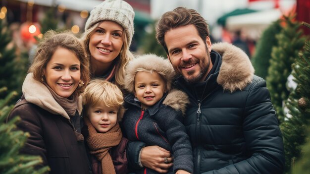 Foto una famiglia felice con un bambino e i genitori sceglie un albero di capodanno al mercato degli alberi di natale