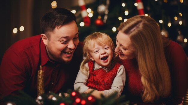 Photo happy family with a child with down syndrome and parents against the background of a new year's tre