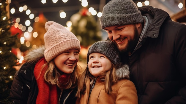 A happy family with a child with Down syndrome and parents choose a New Year's tree at the