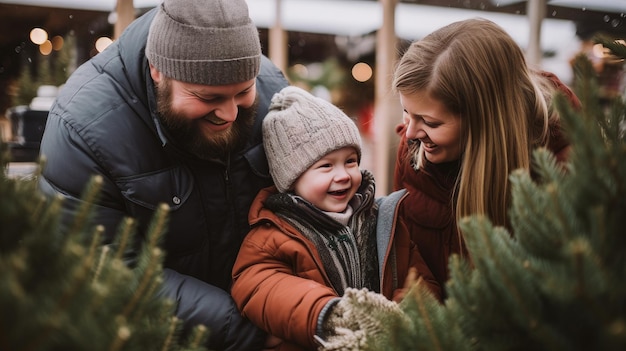 A happy family with a child with Down syndrome and parents choose a New Year's tree