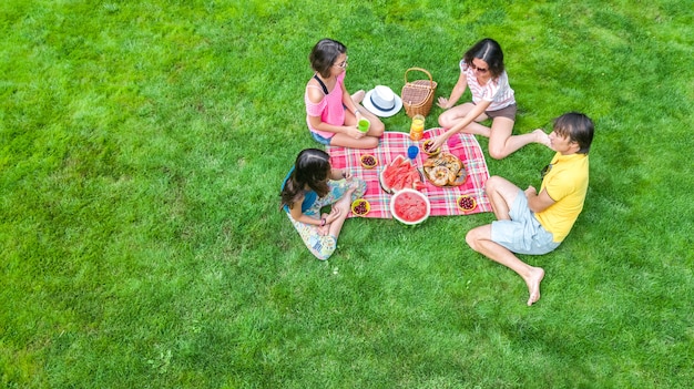 Happy family with children having picnic in park, parents with kids sitting on garden grass and eating healthy meals outdoors, aerial drone view from above, family vacation and weekend concept