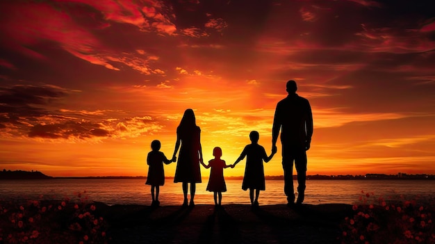 Happy family with children silhouetted against a sunset