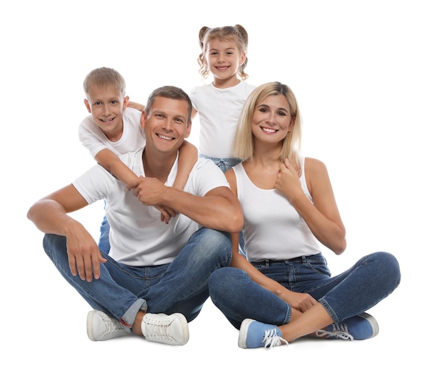 Happy family with children on white background