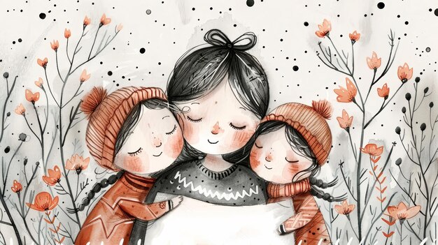 Happy family with children in winter clothes Watercolor hand drawn