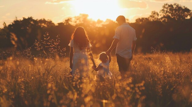 夕暮れの夏の畑で楽しくリラックスする小さな娘を持つ幸せな家族