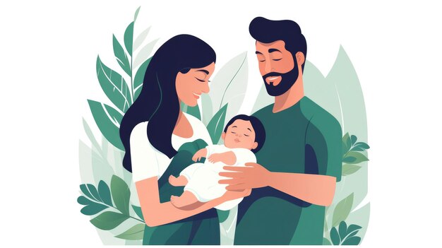 Happy family with newborn baby Young parents and newborn son in hands Mother father holding infant together with love Parenthood concept Flat illustration isolated on white background