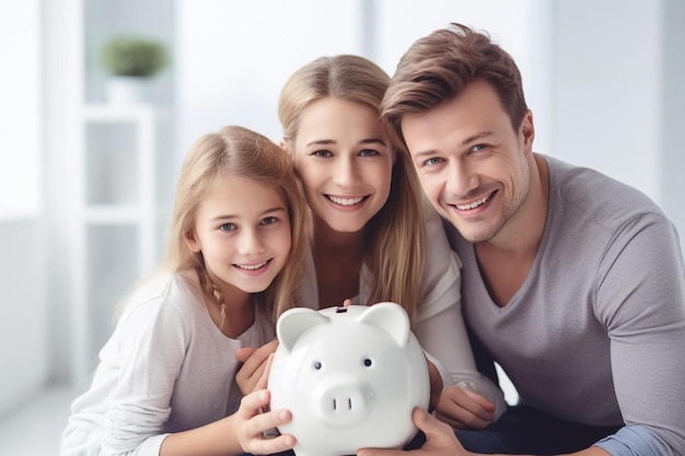 Foto famiglia felice con salvadanaio e una foto di famiglia felice