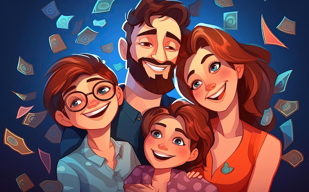 Photo happy family with pile of money on the background in the style of graphic designinspired