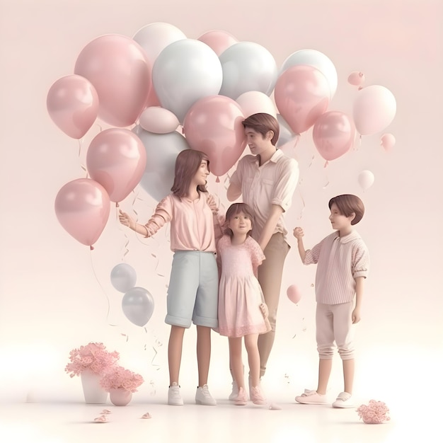 Happy family with pink and white balloons and hydrangea flowers