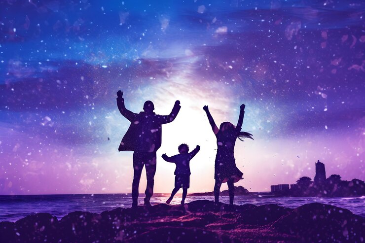 Premium Photo | A happy family with purple sky on background