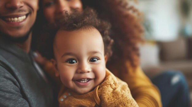 写真 笑顔の赤ちゃんのクローズアップと幸せな家族