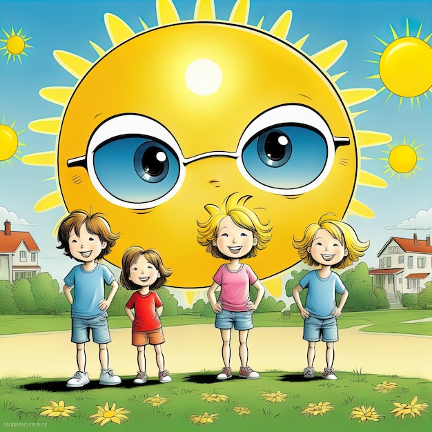 a happy family with sun illustrationa happy family with sun illustrationhappy kids in front of the s