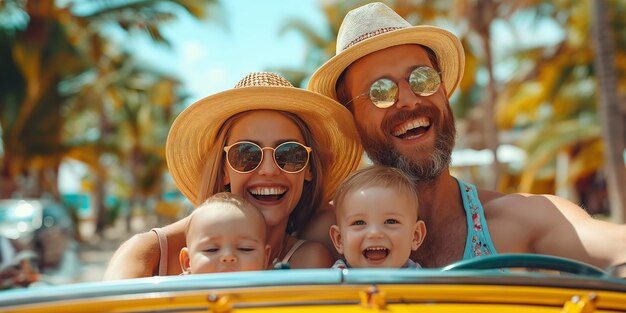 Foto famiglia felice con due figli in macchina in viaggio