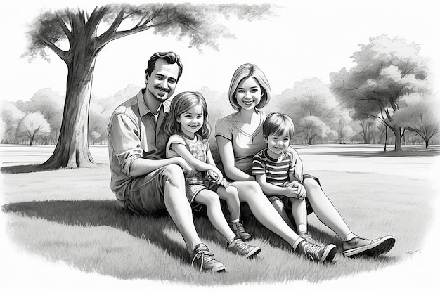 Photo happy family with two children sitting together on grass in park