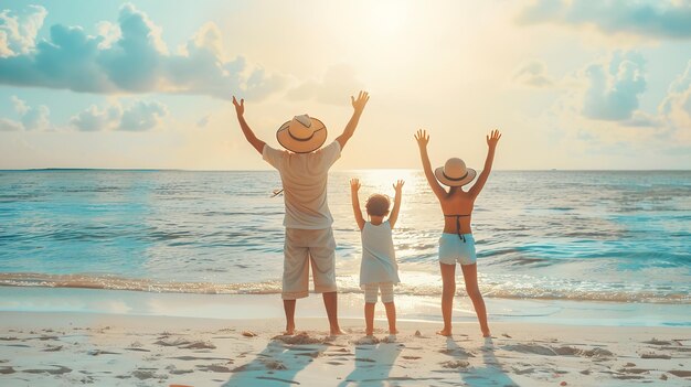 사진 두 명의 아이를 가진 행복한 가족이 해변에서 손을 들고 생성 인공지능