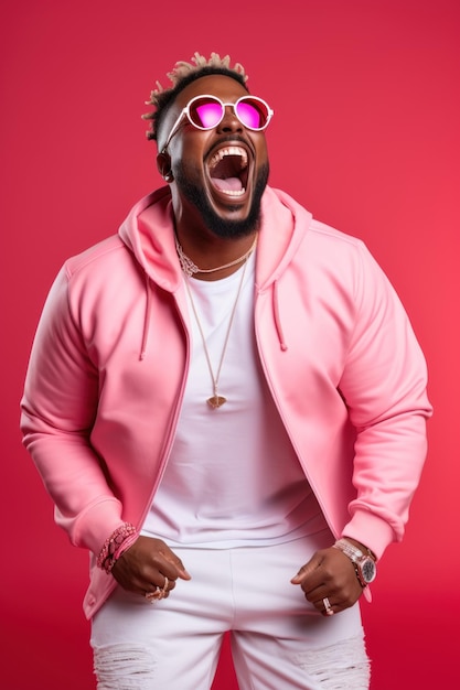 happy fancy man in a sport casual dress on pink background