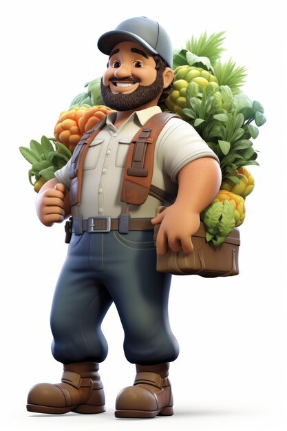 Photo happy farmer carrying a basket of fruits and vegetables