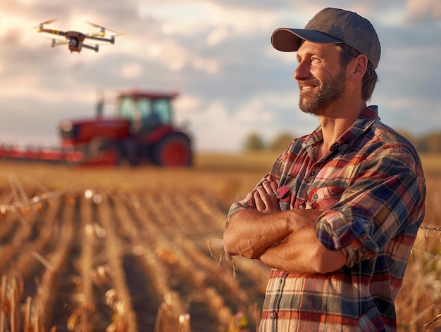 Photo happy farmer crosses arms as a drone hovers over the crops