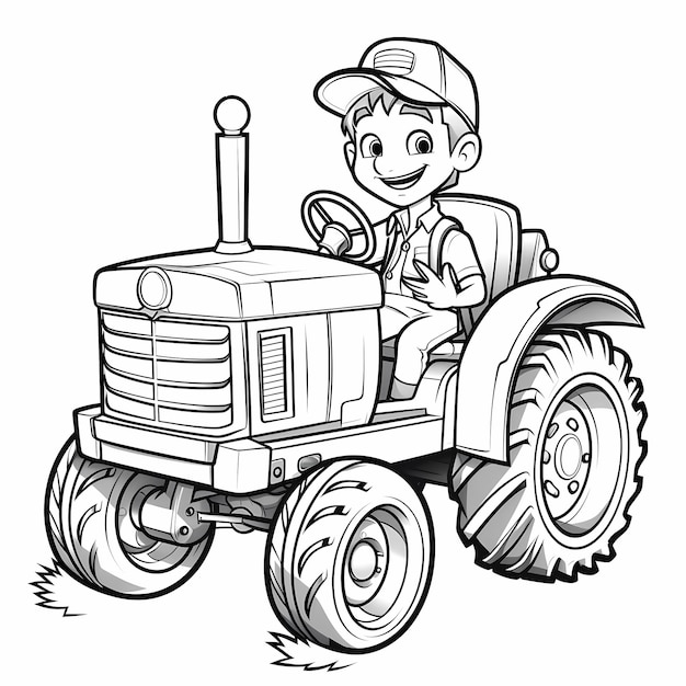 Photo happy farmer driving tractor black and white cartoon coloring page