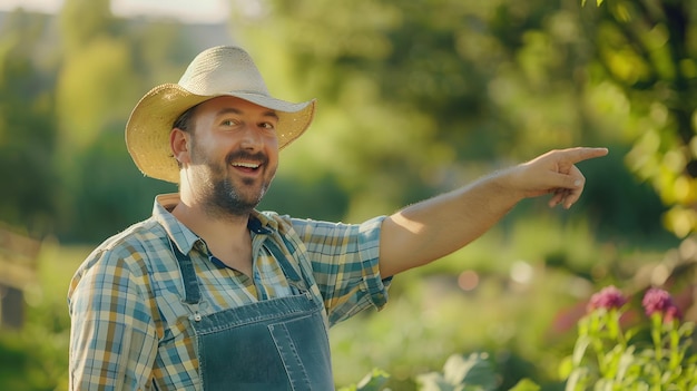 Happy farmer man in farmers hat and apron pointing finger aside in garden outdoors c Generative AI