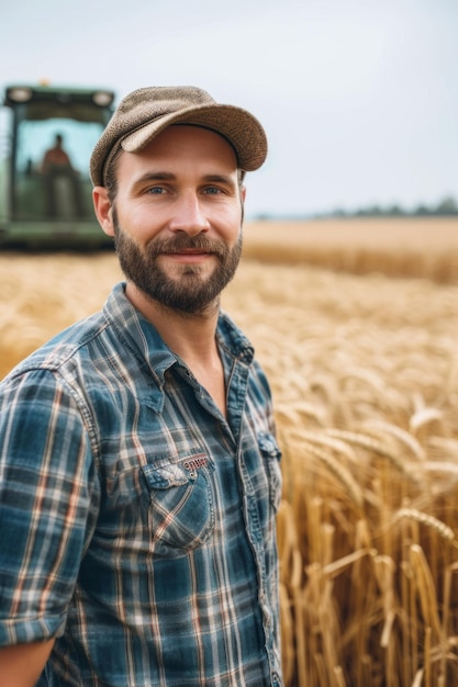 Счастливый фермер с гордостью стоит в поле комбайн-уборщик водитель идет к урожаю богатой пшеницы