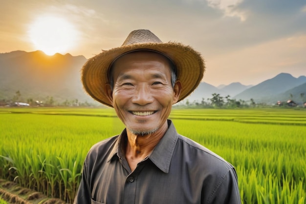 Happy farmer in the rice field