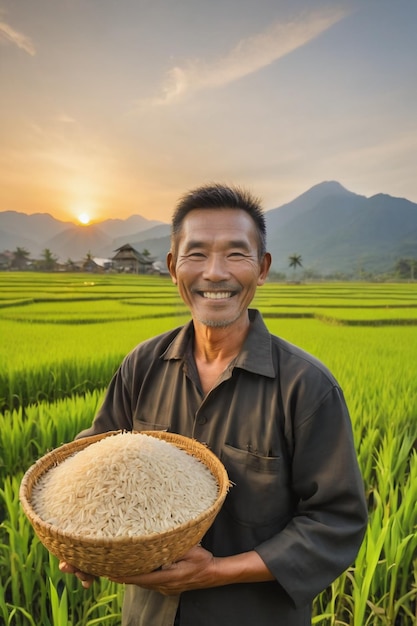 Happy farmer in the rice field