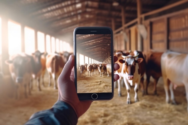 A happy farmer in a shirt uses a smartphone with a herd of cows in the background inside a barn