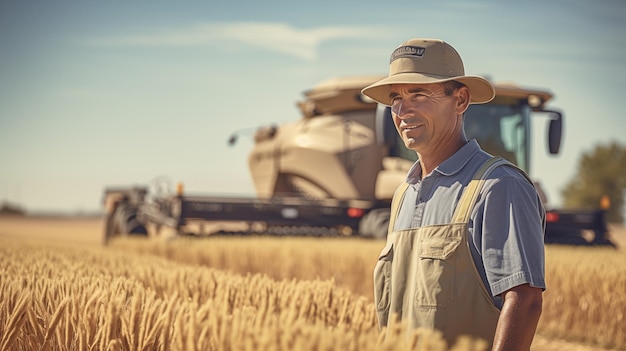 Photo a happy farmer stands in a field of ripe wheat against the background of a combine harvester