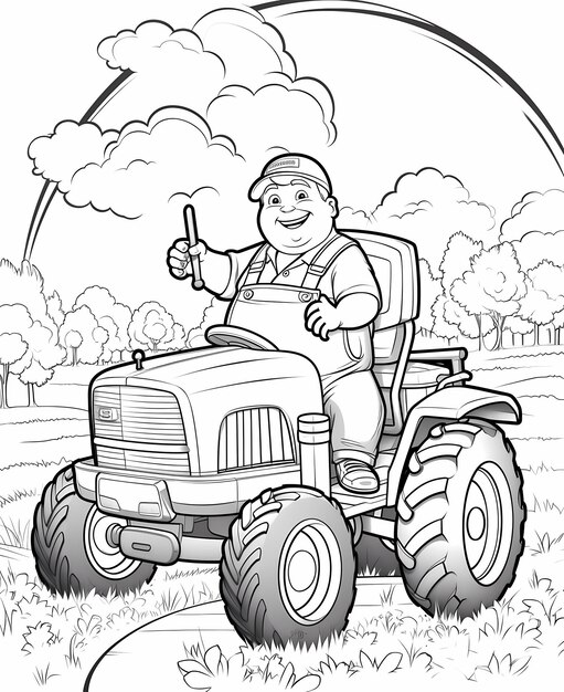 Photo happy farmer on the tractor coloring page of a friendly farmer in overalls