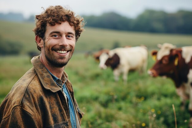 Photo happy farmer with cows in sustainable food industry