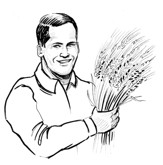 Happy farmer with a crop of wheat. Ink black and white drawing