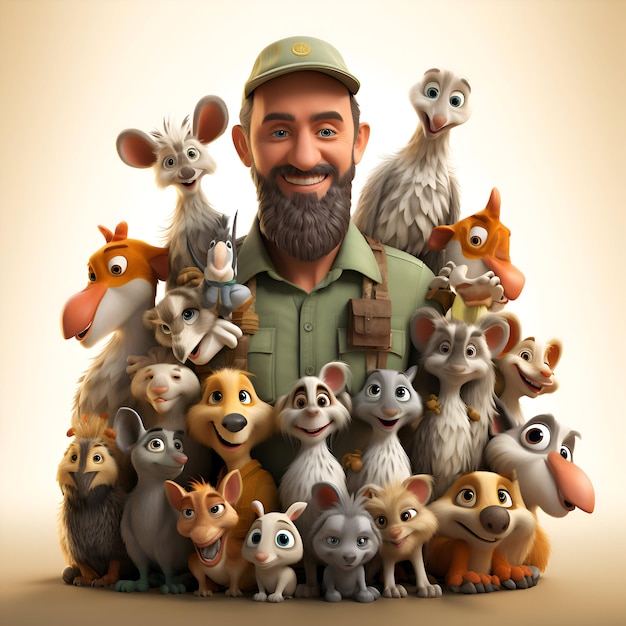 Happy farmer with a group of wild animals 3D illustration