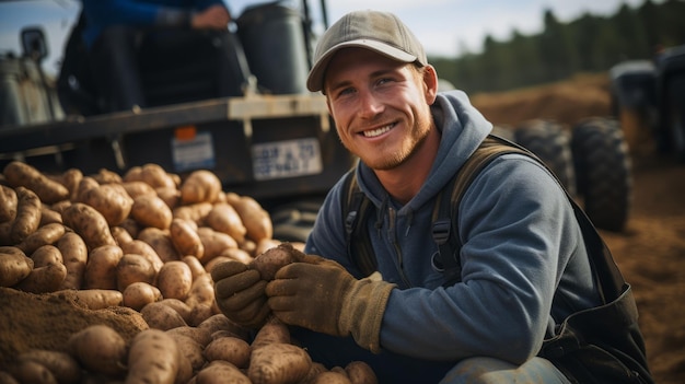 Photo happy farmer with his potato harvest