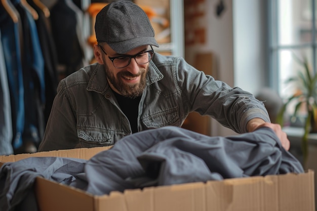 Happy fashion designer packing cloth in cardboard box