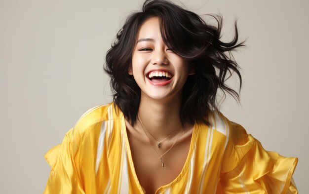 happy fashion smiling girl with bright clothing in solid light background