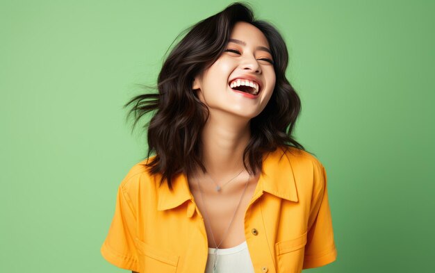 happy fashion smiling girl with bright clothing in solid light background