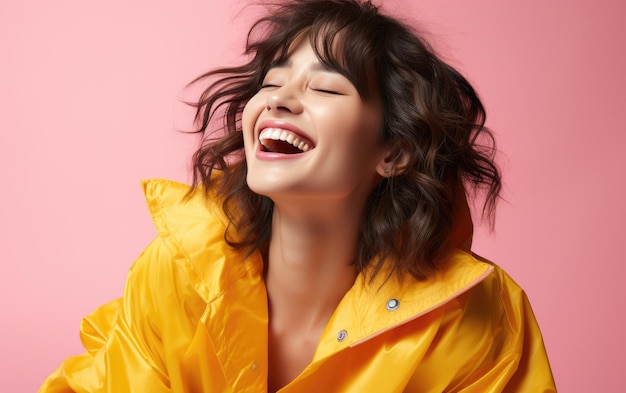 happy fashion smiling girl with bright clothing in solid light background