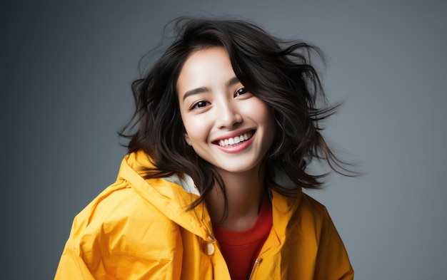 happy fashion smiling girl with bright clothing in solid light background