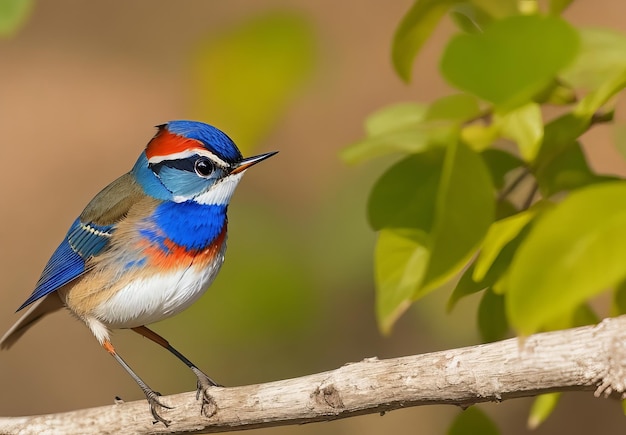 Happy fat bird having tail moving while perching on thin wood stick male of bluethroat luscinia sv