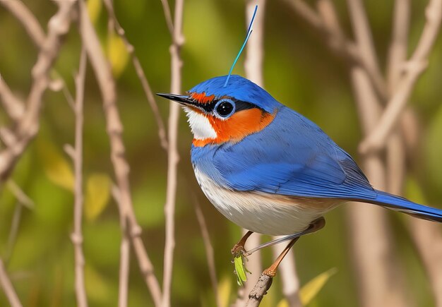 Photo happy fat bird having tail moving while perching on thin wood stick male of bluethroat luscinia sv