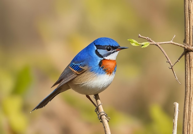 Photo happy fat bird having tail moving while perching on thin wood stick male of bluethroat luscinia sv