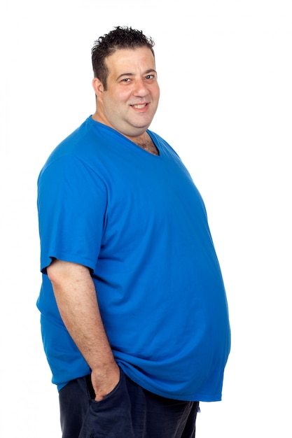 흰색 배경에 고립 된 행복 한 뚱뚱한 남자