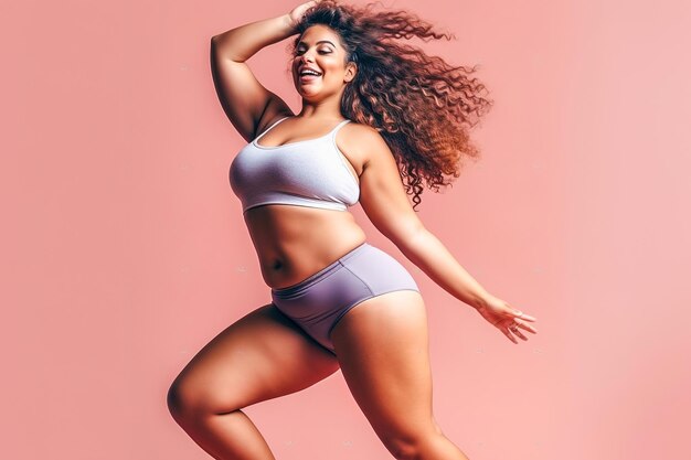 Happy fat woman dancing in sportswear