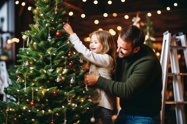 Фото Счастливый отец и его маленькая дочь украшают елку дома рождественские огни выборочный фокус размытый фон