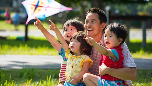 행복 한 아버지 와 자녀 들 이 위 를 가리키고